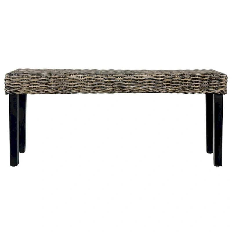 43.3 Black Natural Kubu Rattan and Solid Mango Wood Bench