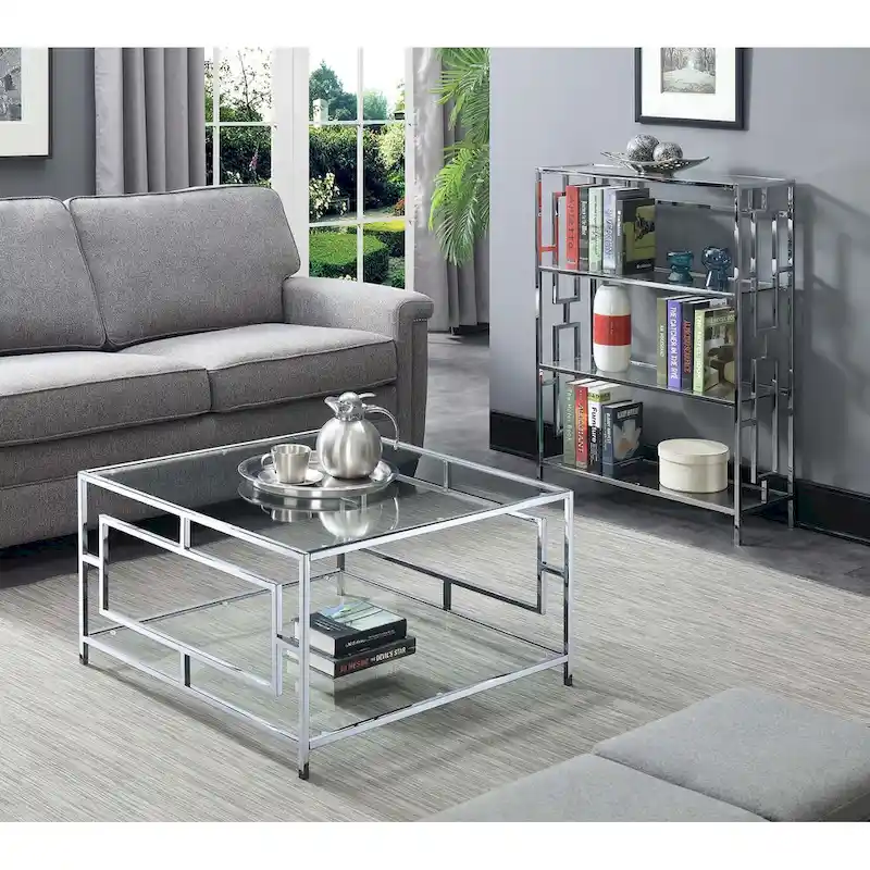 Glass & Chrome Square Coffee Table with Shelf, 1-Person Living Space