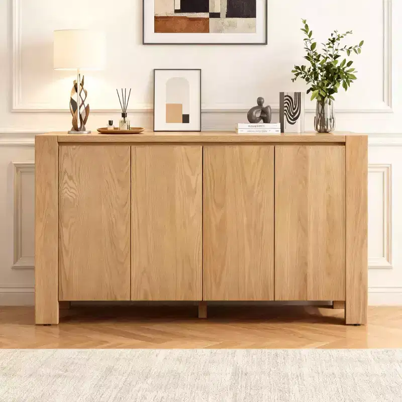 Hostack 4-Door Retro Wood Sideboard Buffet Cabinet with Storage, Distressed Finish and Adjustable Shelves for Dining&Living Room, Natural