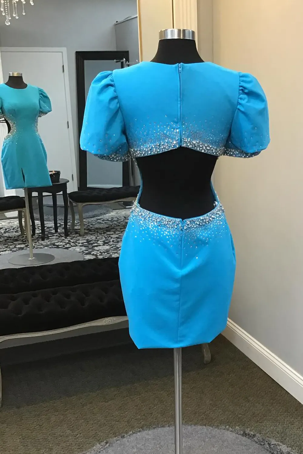 Blue High Neck Beaded Bodycon Short Homecoming Dress with Puff Sleeves