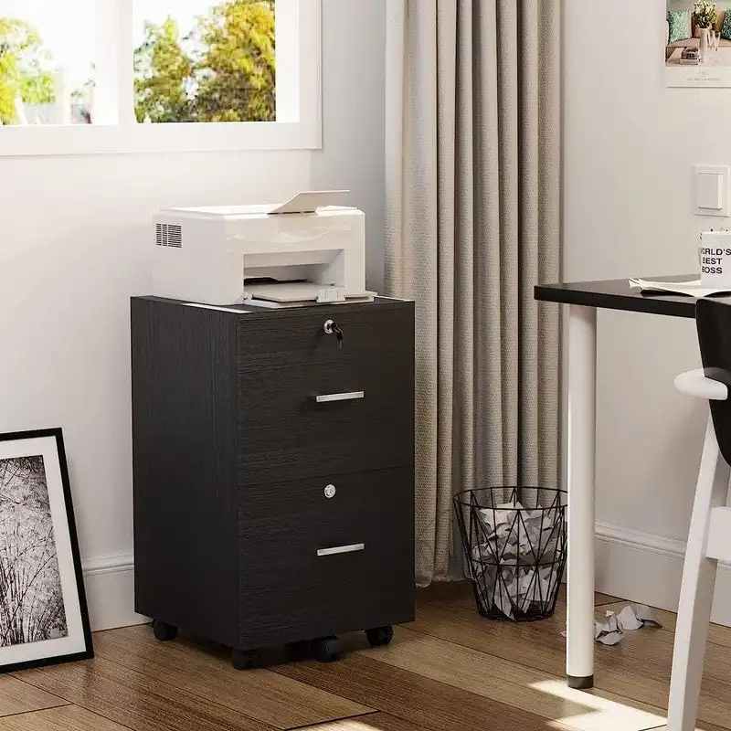 2-Drawer Rolling Wood File Cabinet with Lock