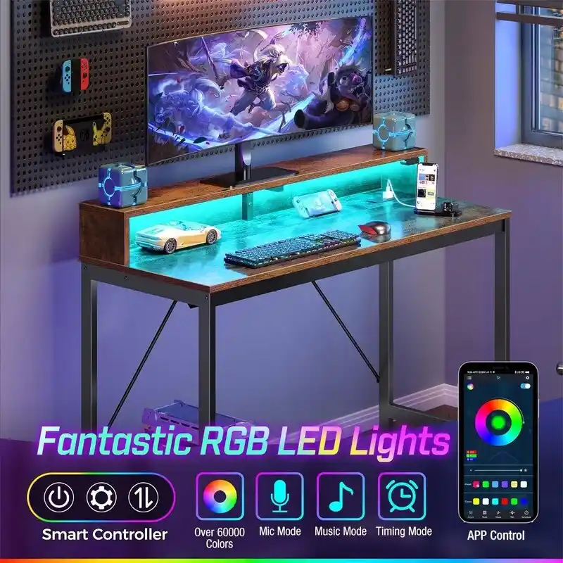 39-Inch Computer Desk with LED Lights and Built-In Power Strip