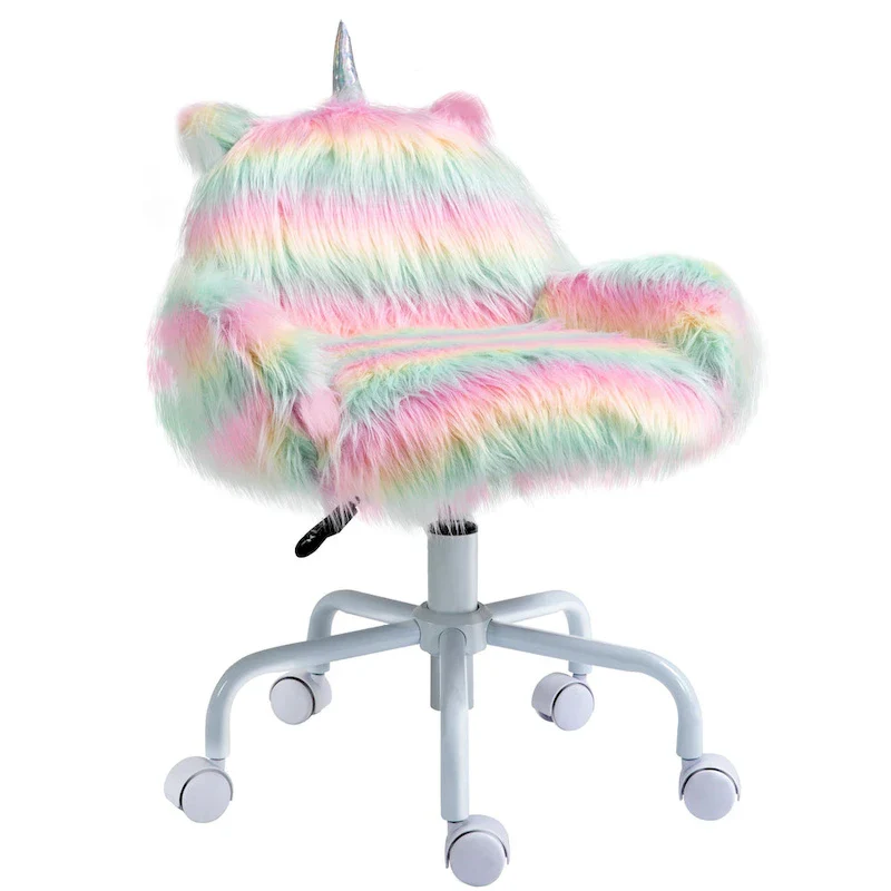 Fluffy Unicorn Office Chair with Mid-Back and Armrest Support, 5 Star Swivel Wheel White Base, Rainbow - Multi-colored