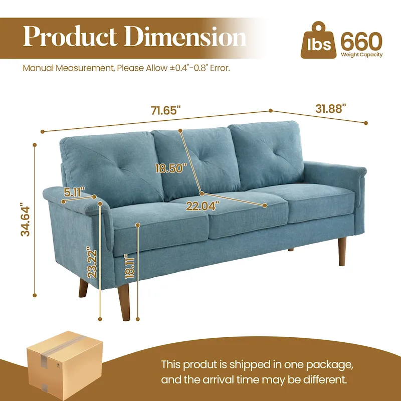 Mid-Century 3-Seat Upholstered Sofa with Wood Legs