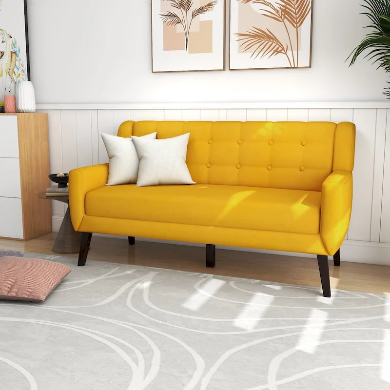 Tufted Linen/Cotton 2-Seater Sofa with Pillows