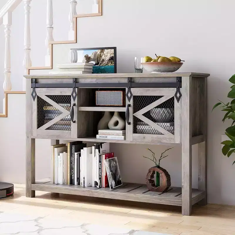 Whizmax Farmhouse Entryway Table with Sliding Barn Doors, Sofa Table with Storage and Open Shelf, Console Tables for Entryway, Hallway
