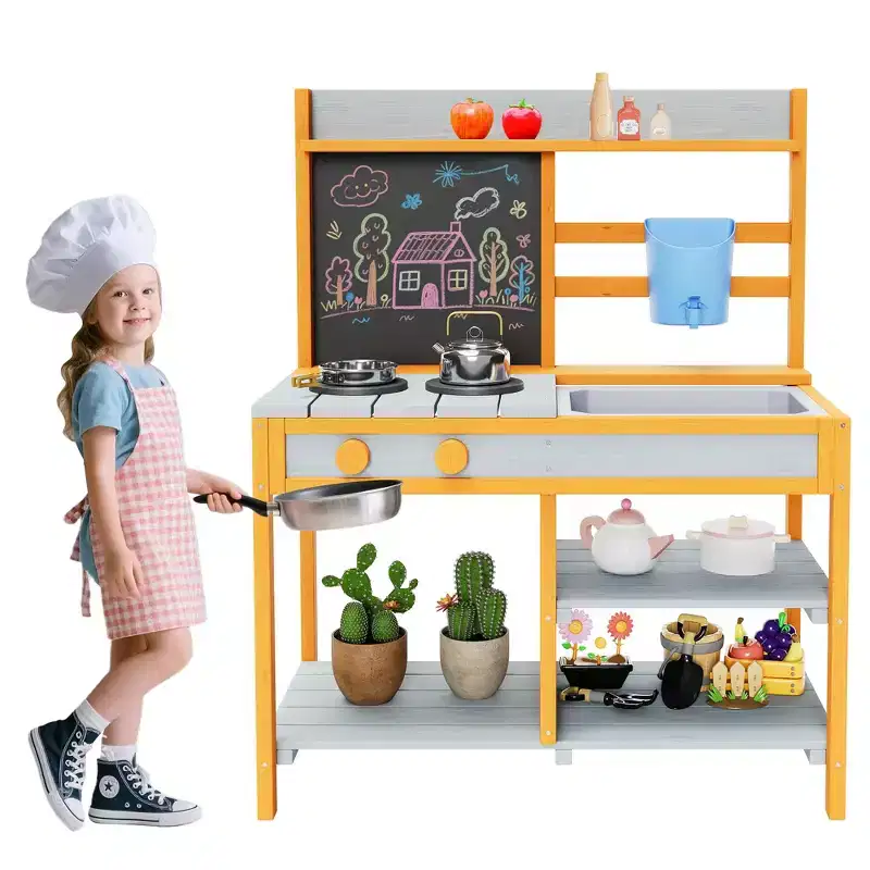 Outdoor Wooden Mud Kitchen for Kids with Removable Sink & Faucet, Dual-Sided Chalkboard, Storage Shelves & Pretend Stove