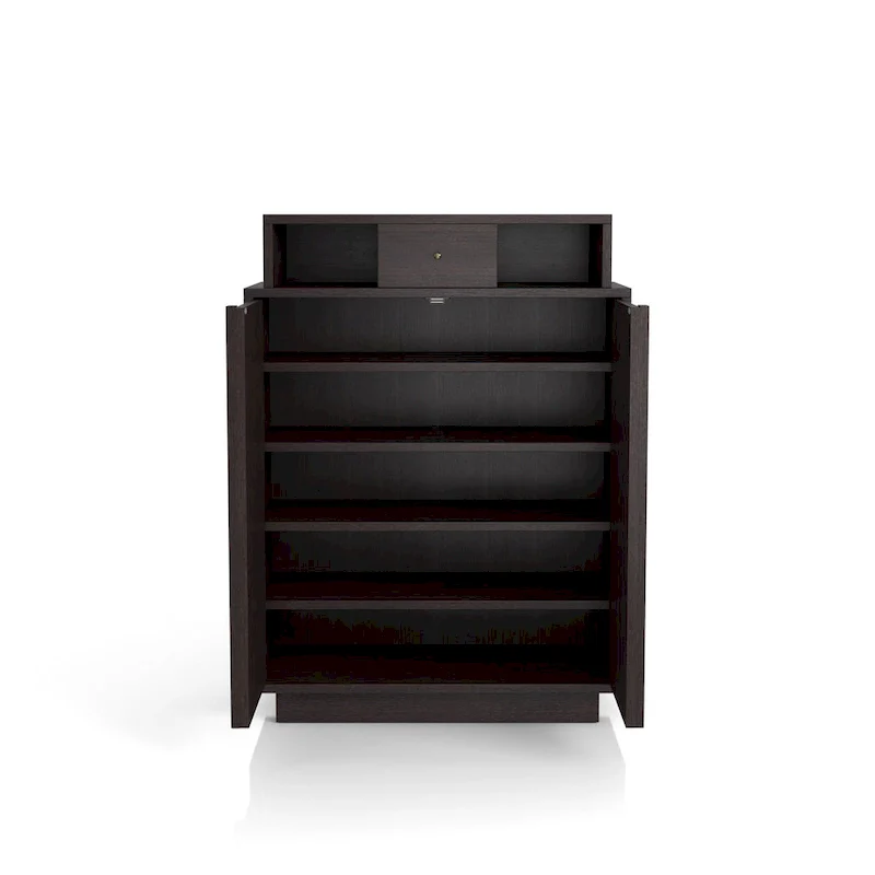 Contemporary Espresso 5-Shelf Shoe Cabinet with Drawer, Shaker Style Doors