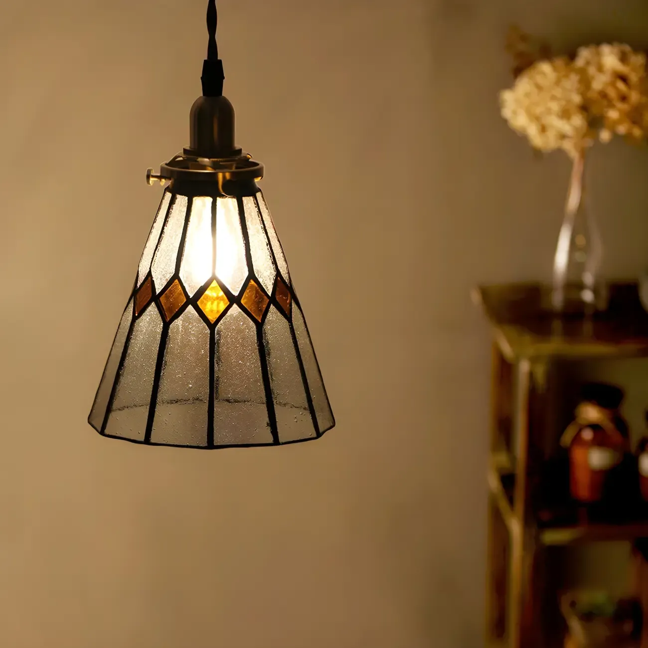 Vintage Stained Glass Brass Cone-Shaped Pendant Light