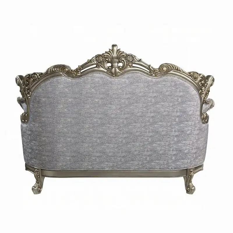 Royale Loveseat, 3 Pillows, Gray Fabric, Antique Bronze Wood, 73 Inch