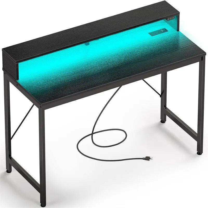 39-Inch Computer Desk with LED Lights and Built-In Power Strip