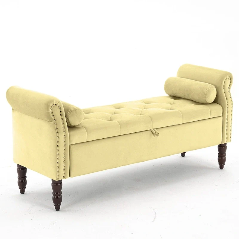 Yellow / Black / Pink / Grey / Beige / Green / Brown Velvet & PU Storage Ottoman Bench with Rolled Arms – Single