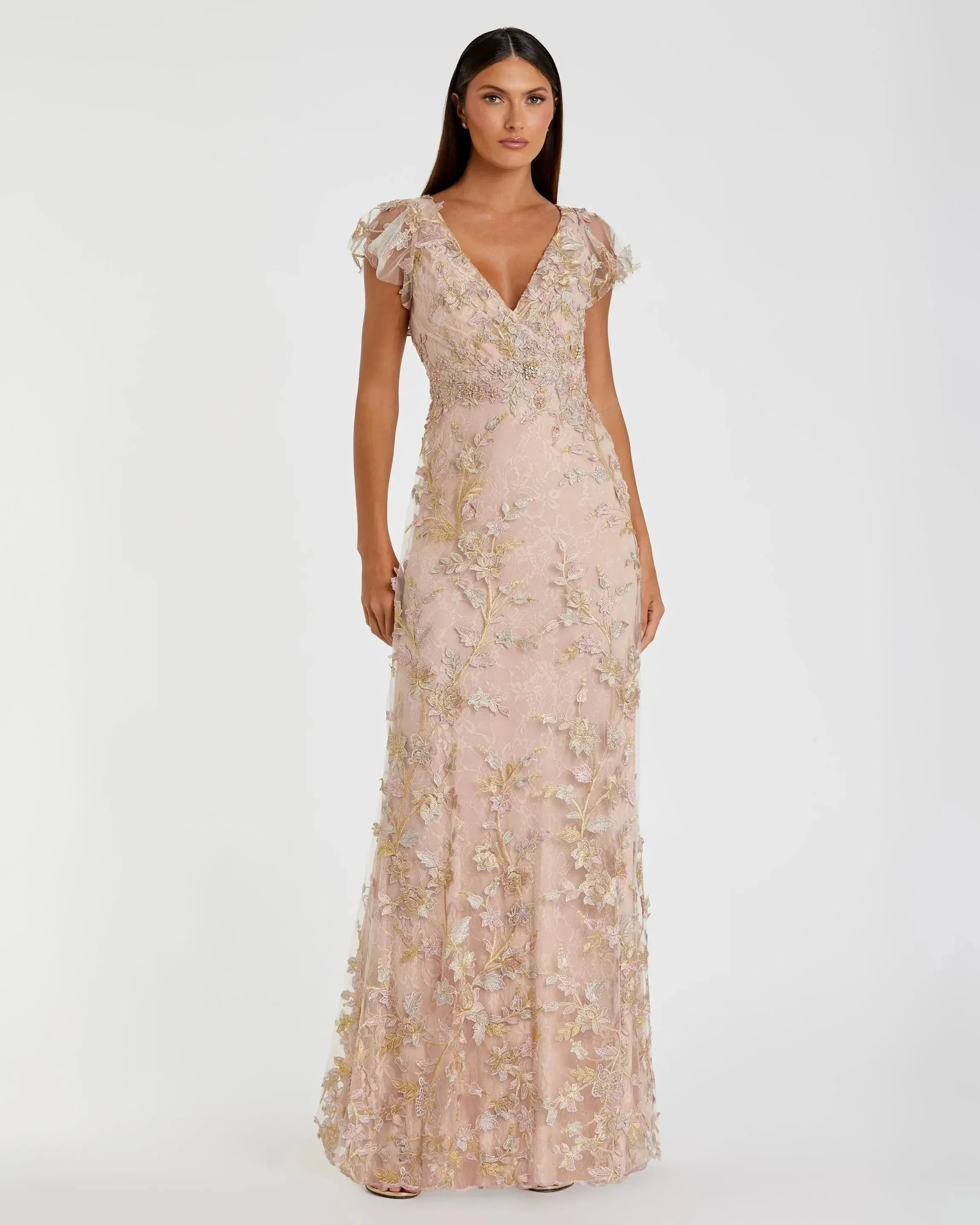 Embroidered Applique Wrap Over Flutter Sleeve Gown