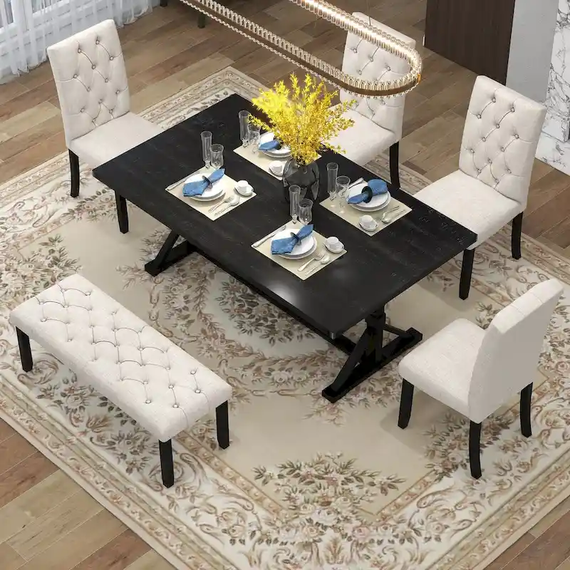 6-Piece Farmhouse Dining Table Set 72 Wood Rectangular Table, 4 Upholstered Chairs with Bench