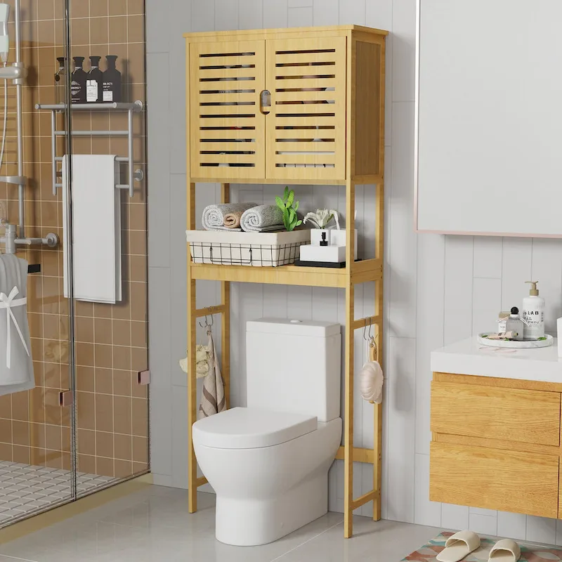 Over The Toilet Storage Bamboo Toilet Rack With Open Shelf and Cabinet