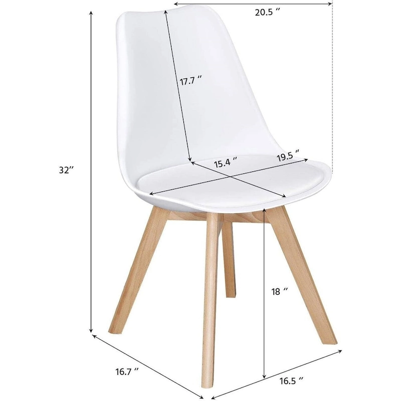 Set of 4 Modern White Shell Dining Chair Upholstered Padded Seat w/ Beechwood Legs - 19 inches L x 21 inches W x 32 inches H