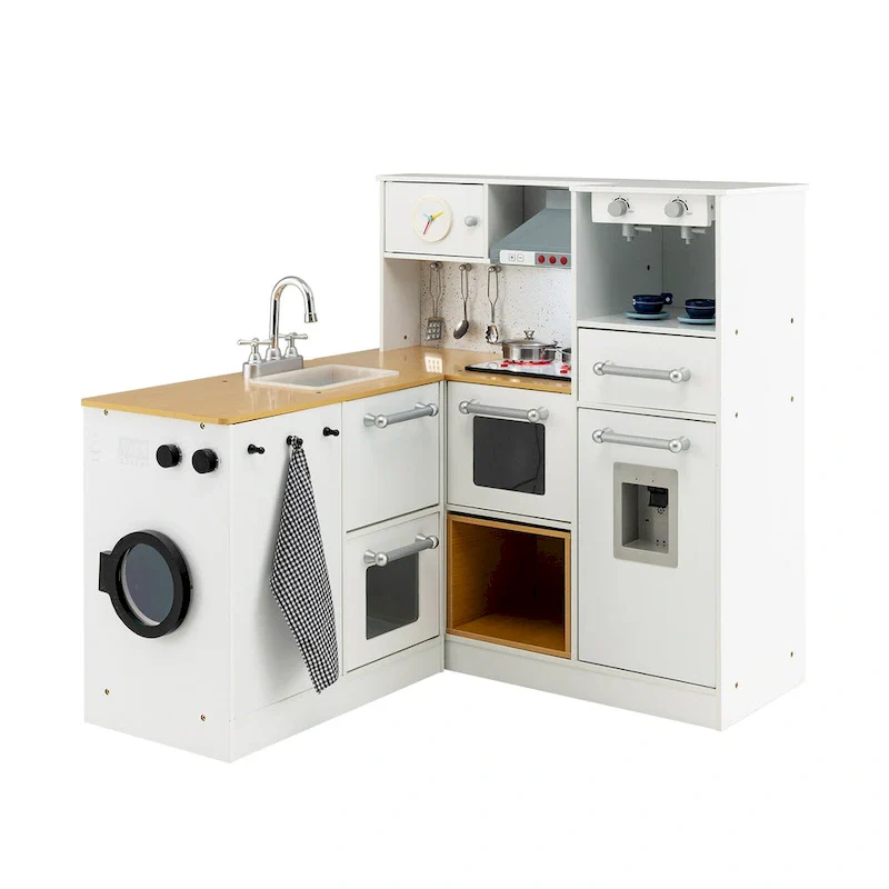 2-Piece White & Natural Kids Play Kitchen & Washer Set, Ages 3+
