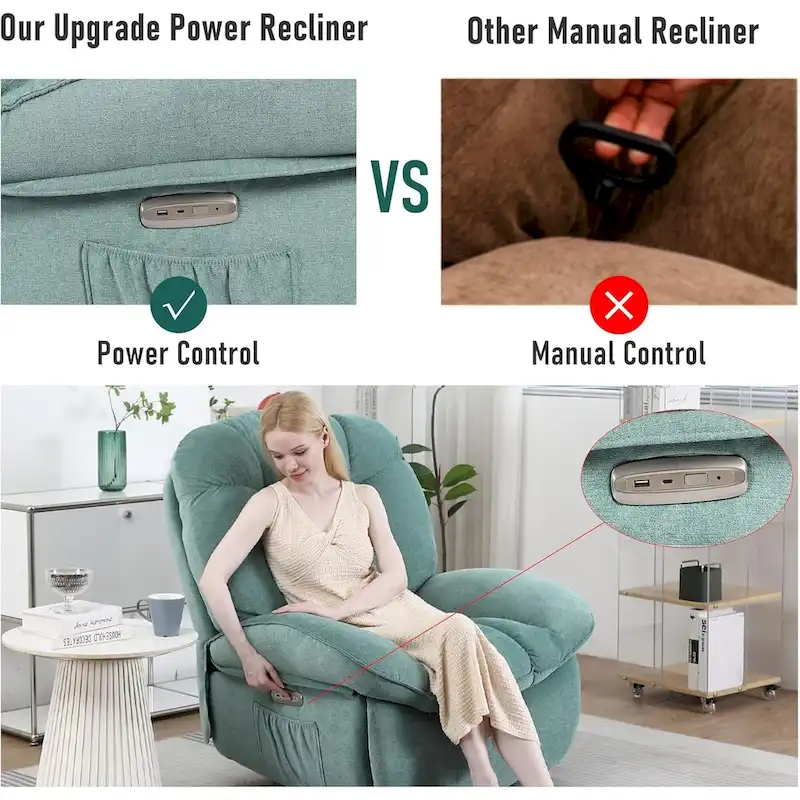 Swivel Power Recliner Chair, Massage Rocker with Heat, USB, USB-C and Side Pocket