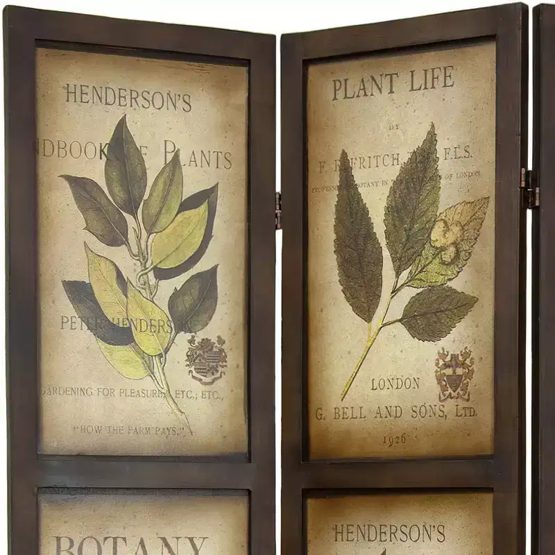 Botanical Print Double Sided Room Divider - Oriental Furniture: Hardwood, No Assembly, 3 Panel