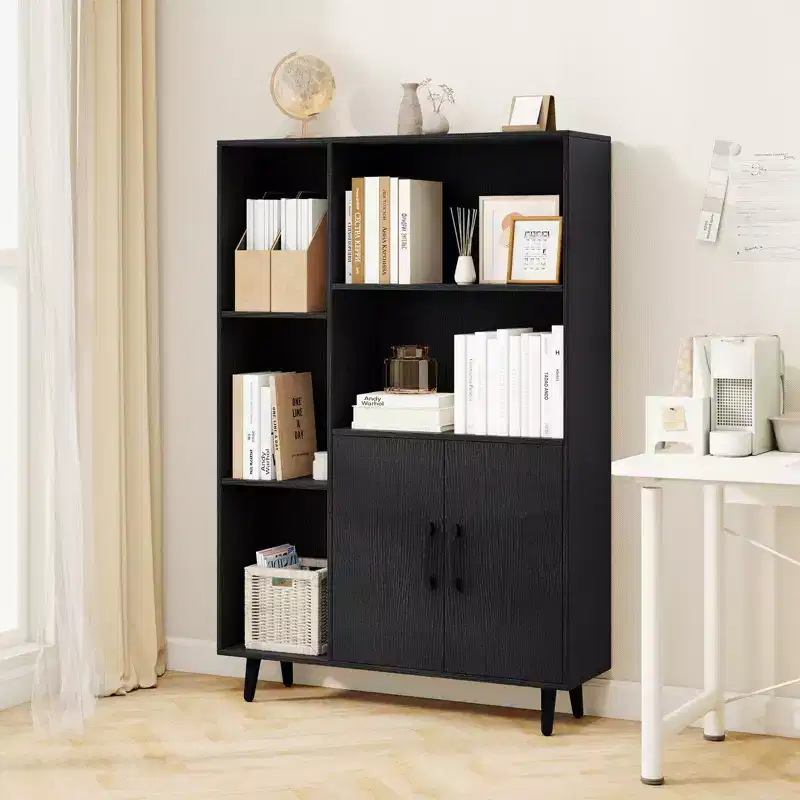 Costway Free Standing Storage Cabinet with 5 Open Shelves Double Door Cabinet Metal Legs Black/White