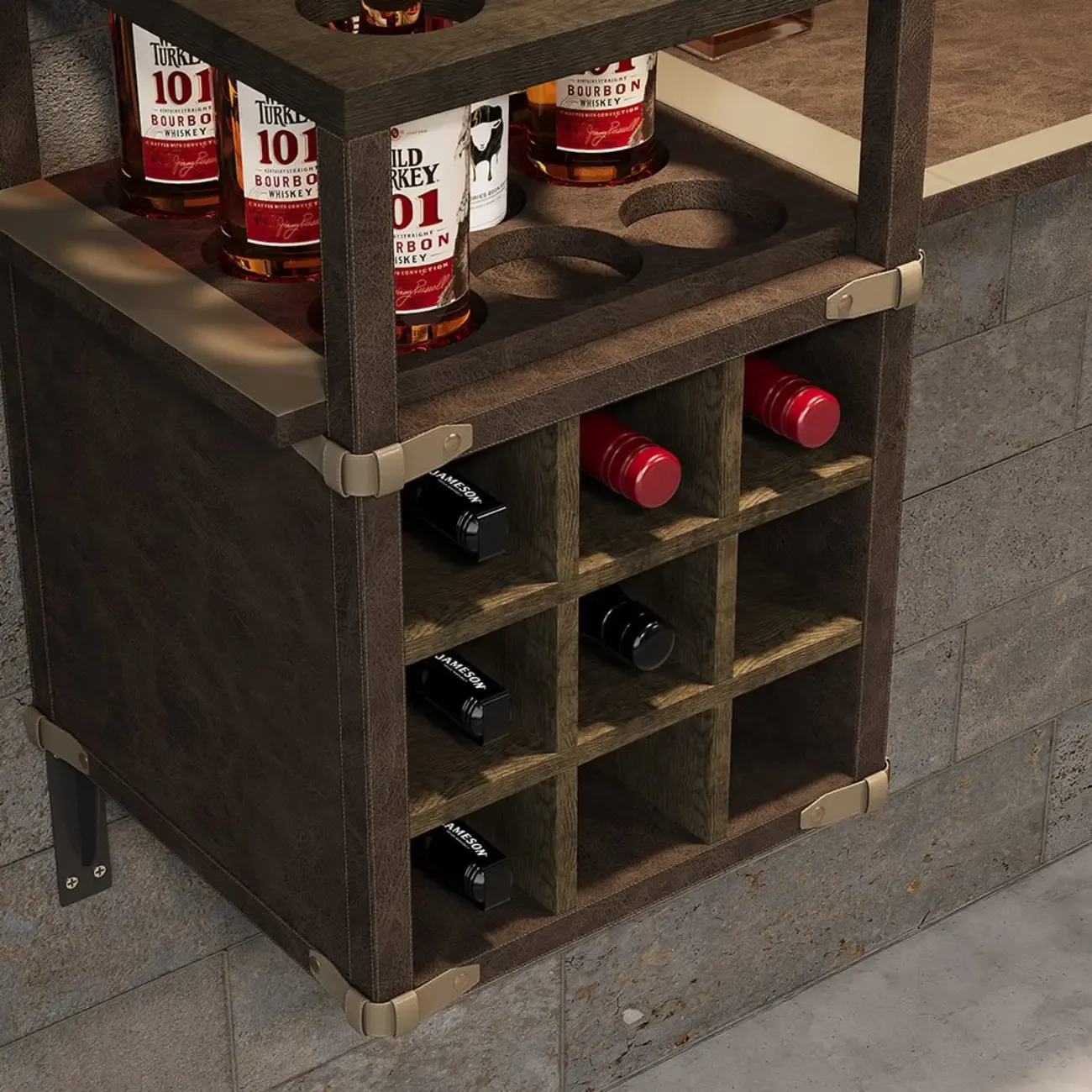 Industrial Wall Mounted Bar Counter with Wine Rack