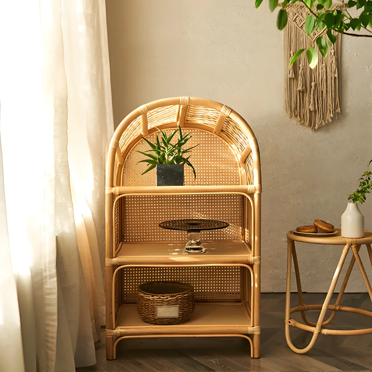 Light Wood Arch Rattan Bookshelf 5-Tier Bookcase