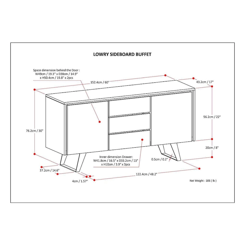 WYNDENHALL Mitchell Metal 60 inch Wide Rectangle Modern Industrial Sideboard Buffet in OAK WOOD - 60 x 17 x 30
