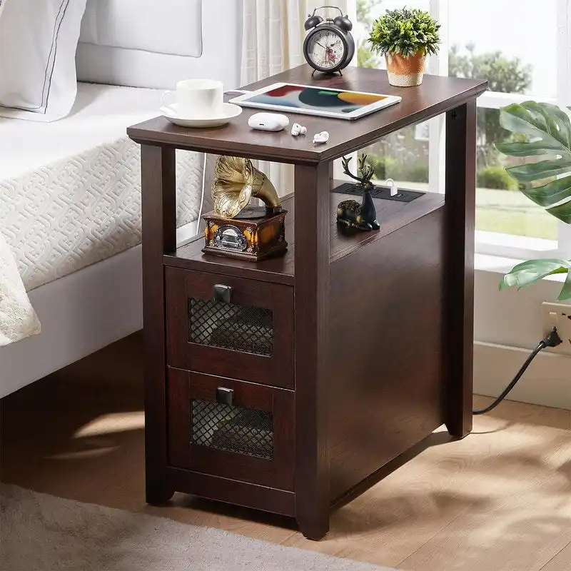 End Table with Charging Station – Log/Grey/Cherry/White, 2-Drawer, 2-Person Charging, Farmhouse Style