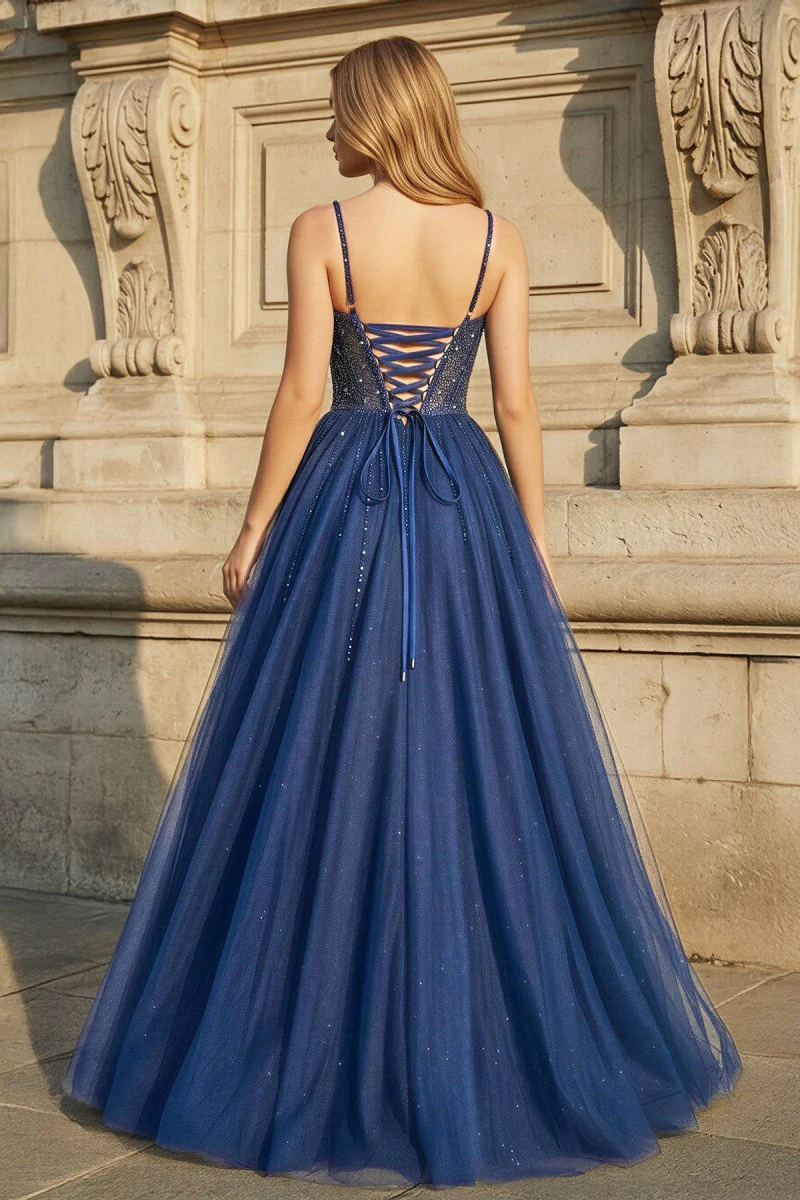 Blue Tulle Beaded Long Prom Dress Formal Dress