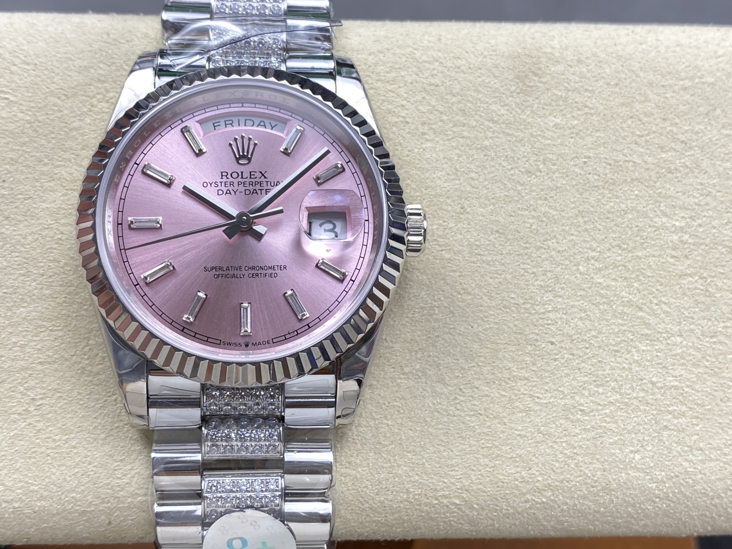 Rolex Day-Date pink dial super clone watch with diamond accents on bracelet