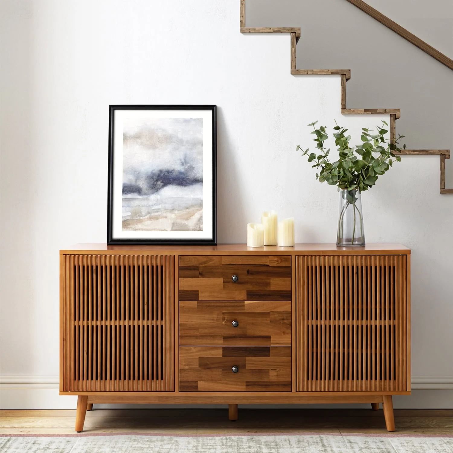 2-Door Slatted Sideboard with 3 Drawers, 6 Interior Shelves & Solid Wood Legs | Acorn / Walnut | Single