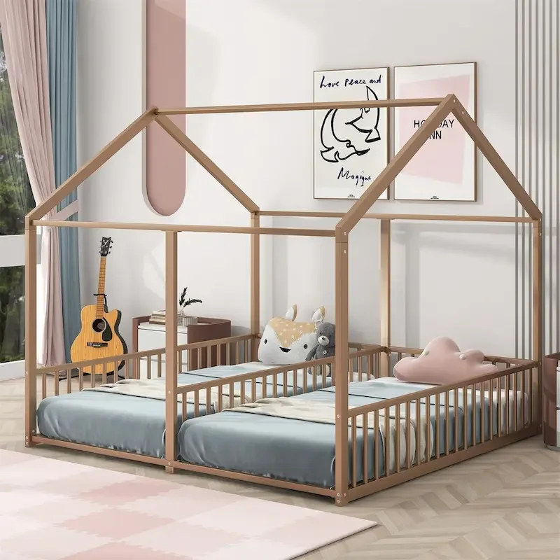 Twin Size House-Shaped Platform Bed for Kids, 2-in-1 with Guardrails, Metal Frame