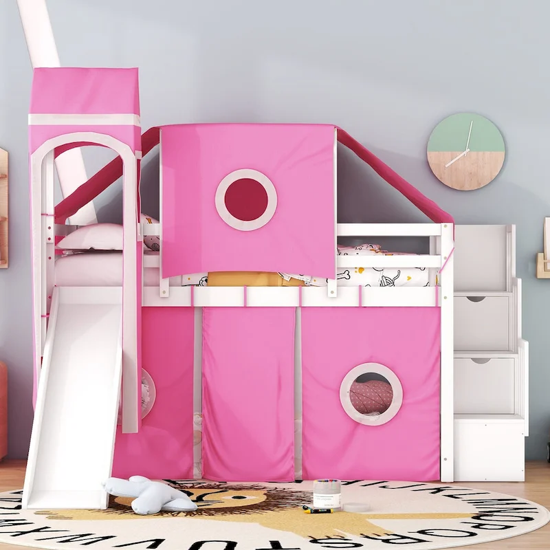 Twin Pine Loft Bed with Staircase, Slide, Tent, Tower, and Guardrail