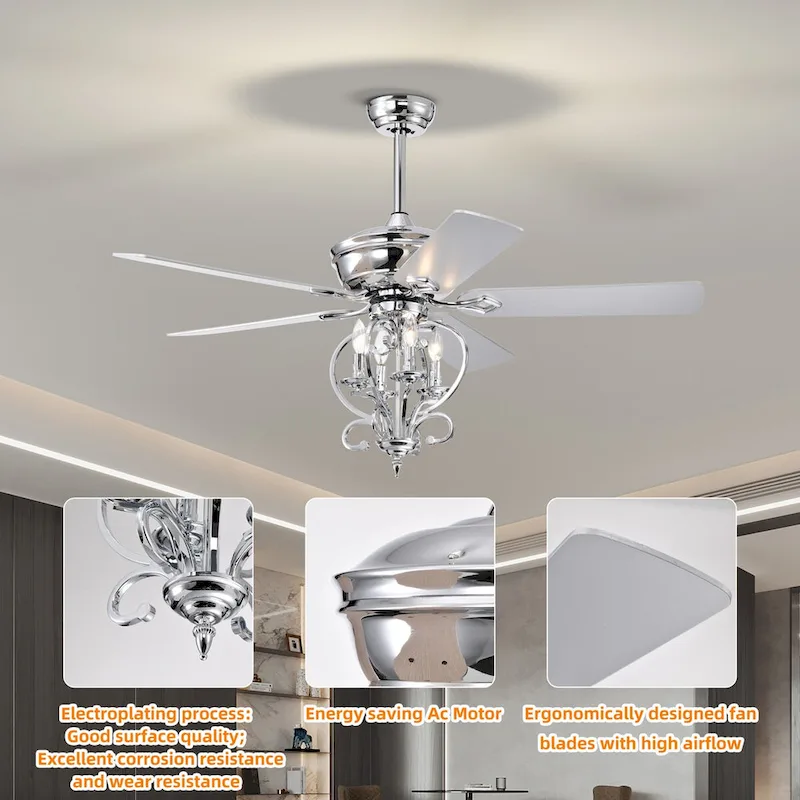 Bella Depot 52  Modern Silver Crystal Ceiling Fan with Remote Control and Light Kit, 3-Speed Reversible Blades - 52 Inches