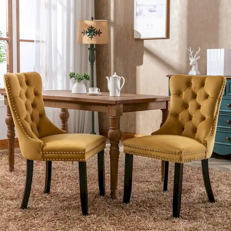 Tufted Velvet Dining Chair with Nailhead Trim & Wood Legs – Oak/Black/Gold/Gray, Set of 2