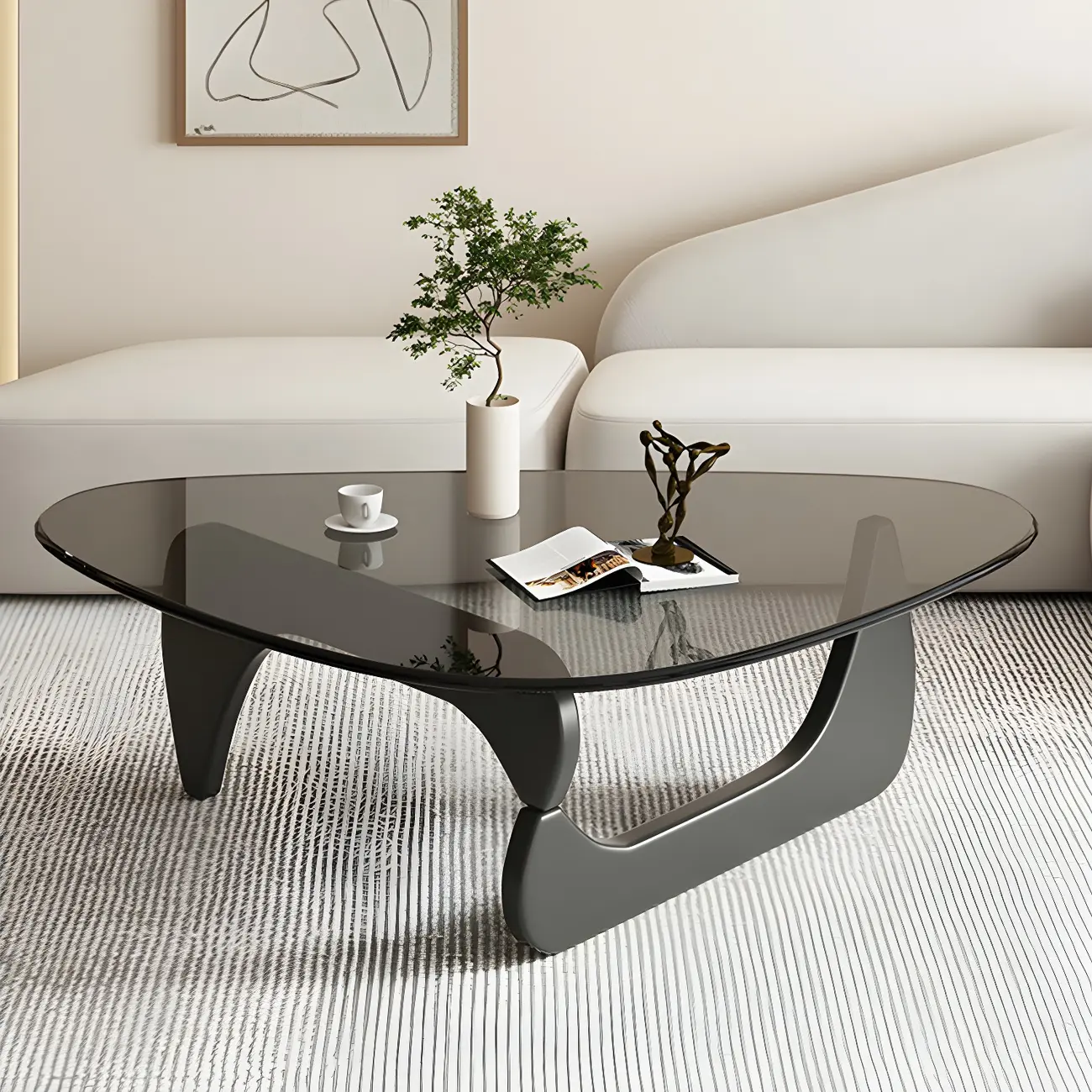 Modern Triangle Glass Coffee Table Wooden Base