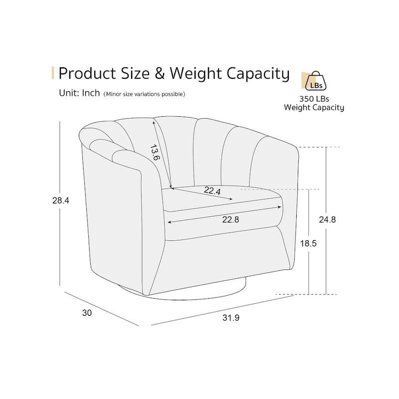 Fabric Swivel Chair with 360 Rotation, Wooden Base and 350lb Weight Capacity
