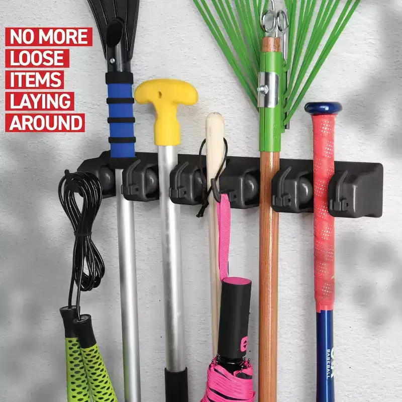 2 Pk Mop and Broom Holder Wall Mount - 5 Slots, 6 Hooks, 7.5lbs Capacity for Garage, Home, Kitchen, Closet, Laundry Room Organization Black Homeitusa