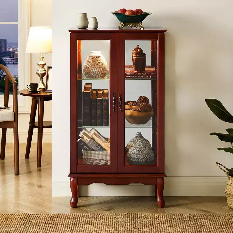 Okak Curio Cabinet with 2 Tempered Glass Doors, Diapaly Cabinet with 3 Adjustable Shelves and Mirrored Back Panel, Cabinet for Living Room