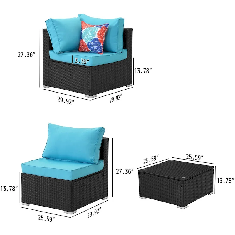 7-Piece Wicker Patio Sectional Conversation Seating Set with Blue Cushions - 85*78