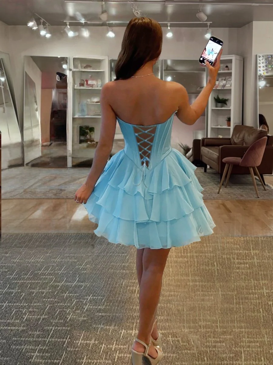 Sky Blue - A-Line Sweetheart Corset Ruffle Homecoming Dress With Applique