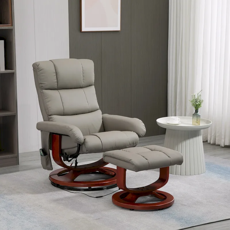 Electric PU Leather Recliner Chair with Ottoman & 10-Point Massage – Grey / Black / Brown / Cream – 1-Seater