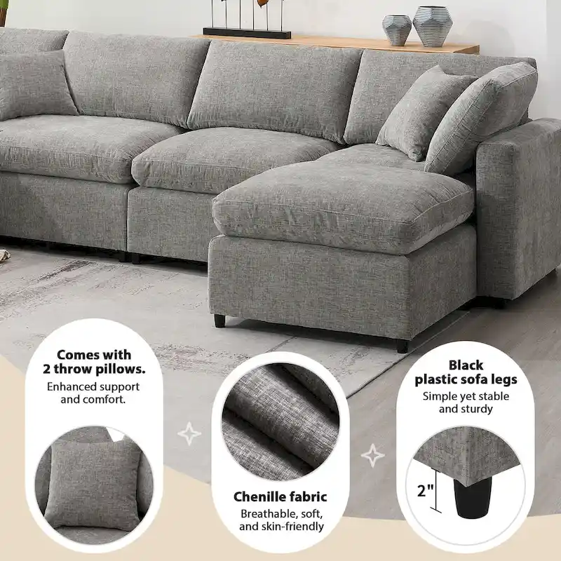 6 Seat Modern Modular Cloud Sofa Bed Chenille Sectional Couch Set with Ottoman