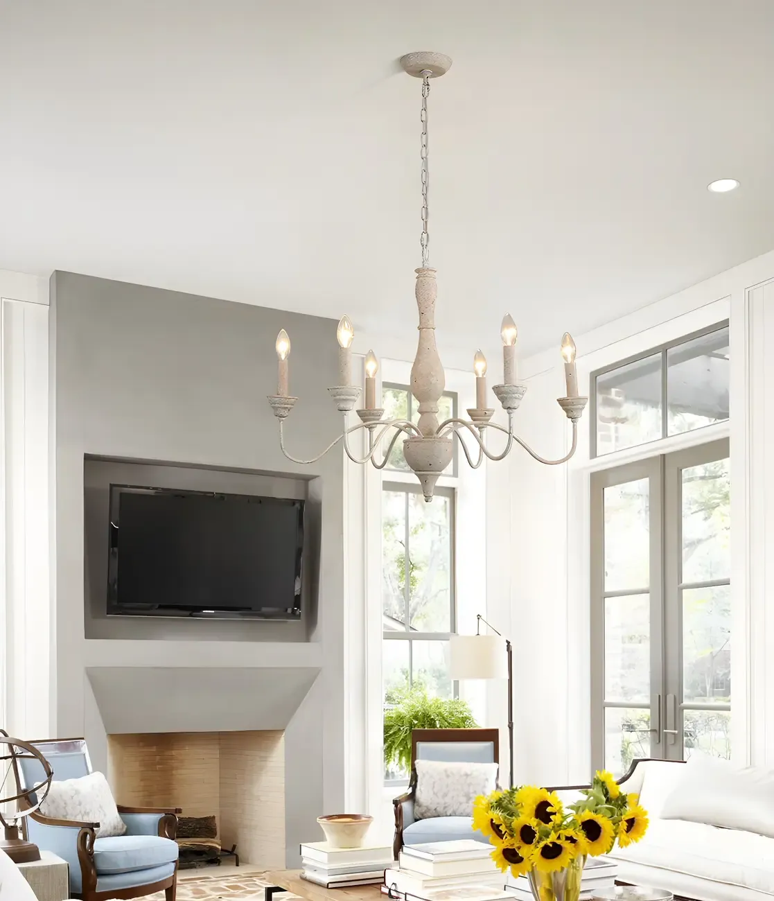 6-Light Classic Wooden Candelabra Chandelier with Chain Mount