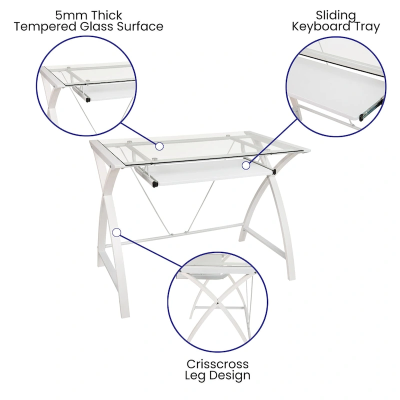 Modern Glass Top Computer Desk with Pull-out Keyboard Tray