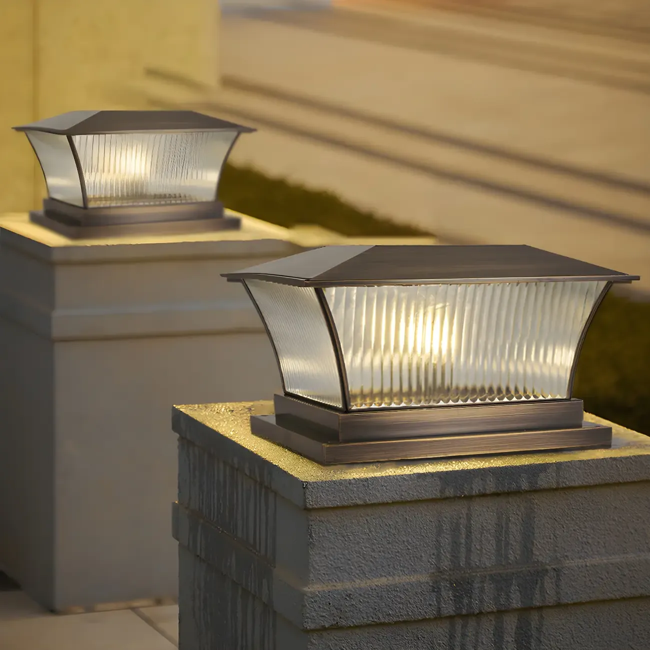 Modern Solar Brown Striped Geometric Outdoor Post Lights