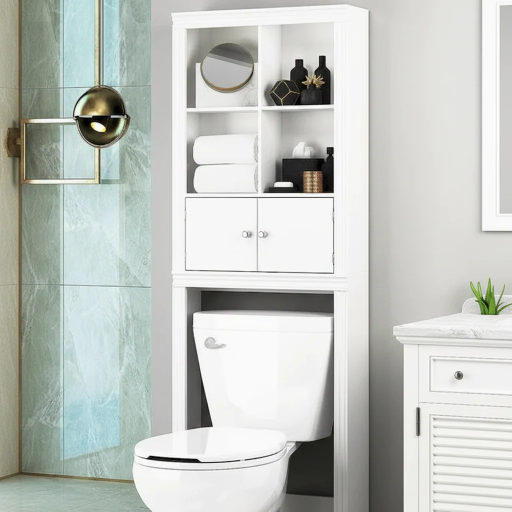 Bathroom Shelf Over The Toilet with 4 Cubbies, Bathroom Cabinet Organizer Over Toilet, Space Saver Cabinet Storage