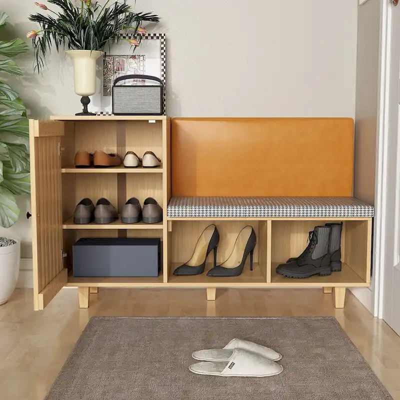 Natural Wood Shoe Storage Bench with Cushioned Seat