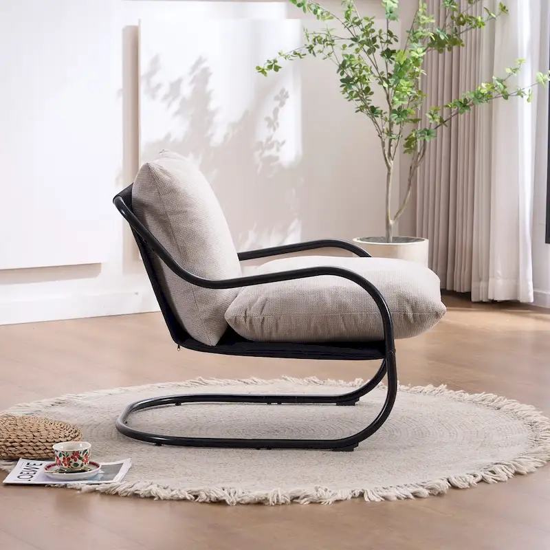 FERPIT Modern Curved Accent Chair with Faux Linen Upholstery, Comfy Lounge Chair with Metal Frame & Cushions