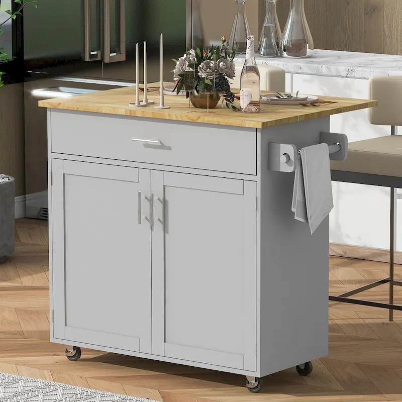 39W Kitchen Island with Storage and Rubber Wood Top - N/A